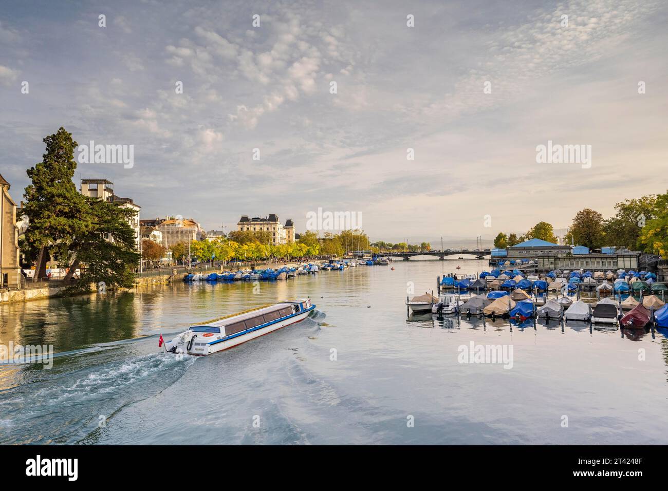 Old Town of Zurich with Quai Bridge and Boats, Limmat Boat, River Limmat, Canton Zurich, Switzerland Stock Photo