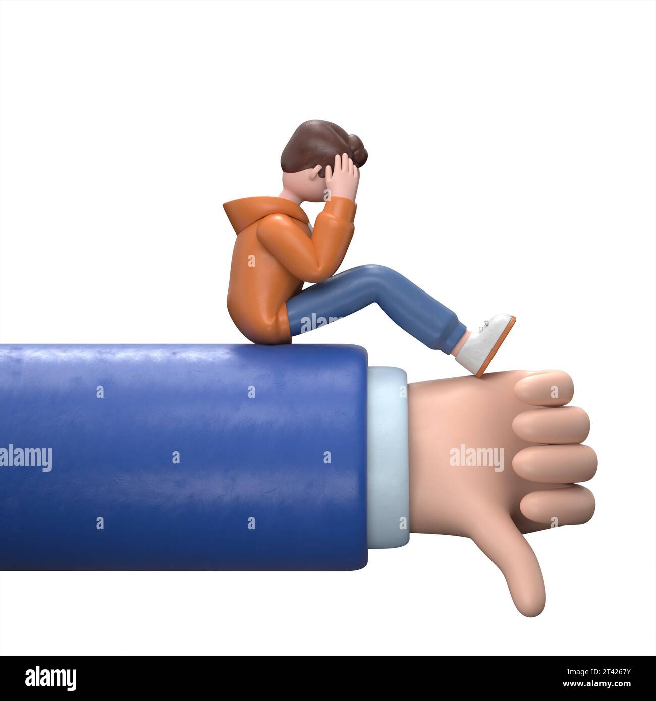 3D illustration of male guy Qadir sits on a big hand dislike.  Unhappy human. Stress and failure. The businessman’s crisis.Bad mood concept.3D renderi Stock Photo