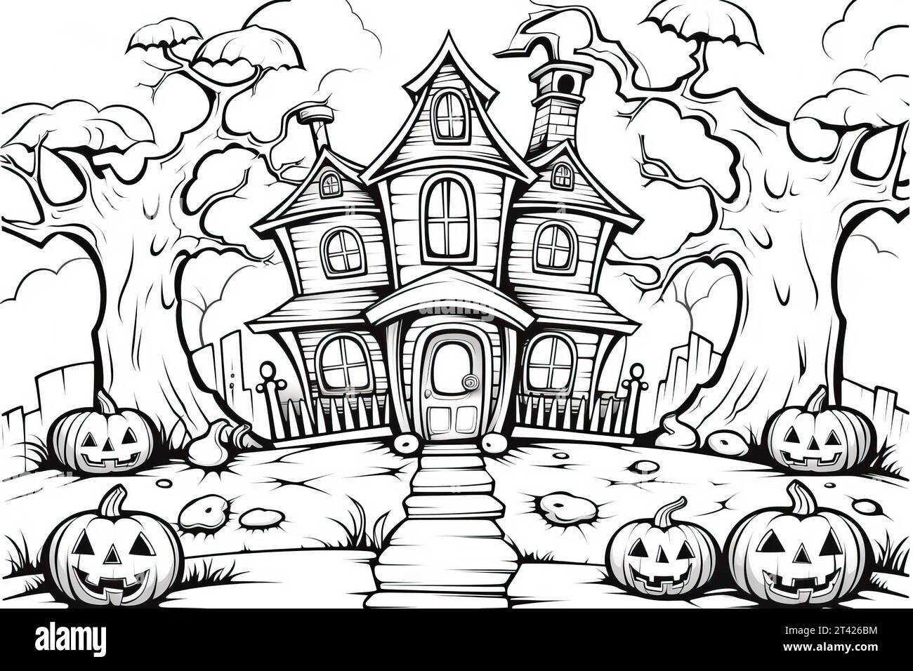 A picturesque Halloween scene featuring a haunted house with two carved ...