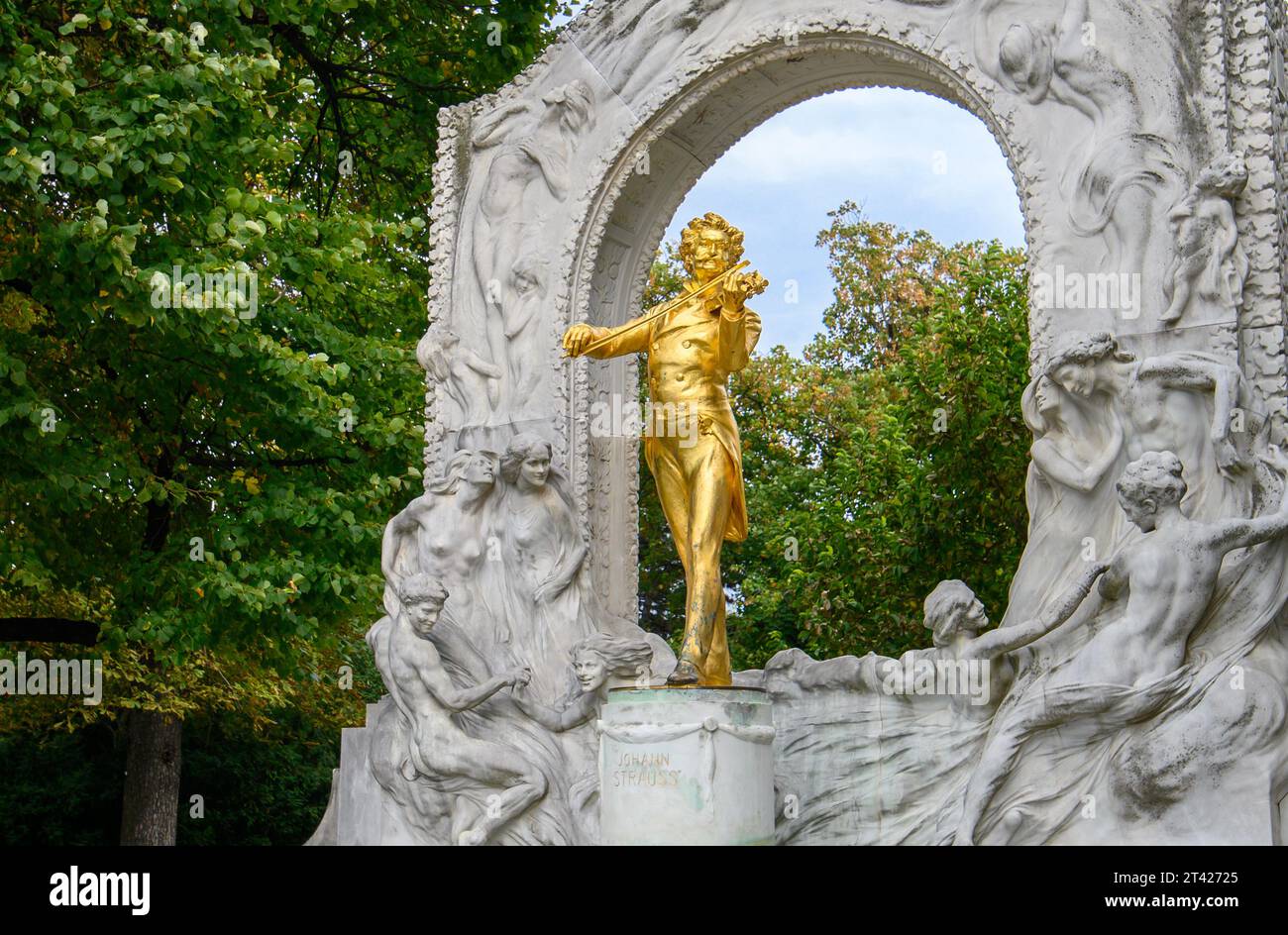 Vienna, Austria. Monument of Johann Strauss. Famous golden statue of great Austrian composer, playing violin in the Stadtpark (city park) Stock Photo