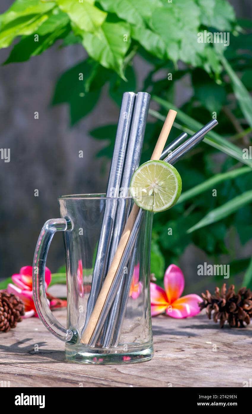 Bamboo and steel straws, an alternative to reducing plastic straws. The concept of reducing non-degradable plastic waste. Stock Photo