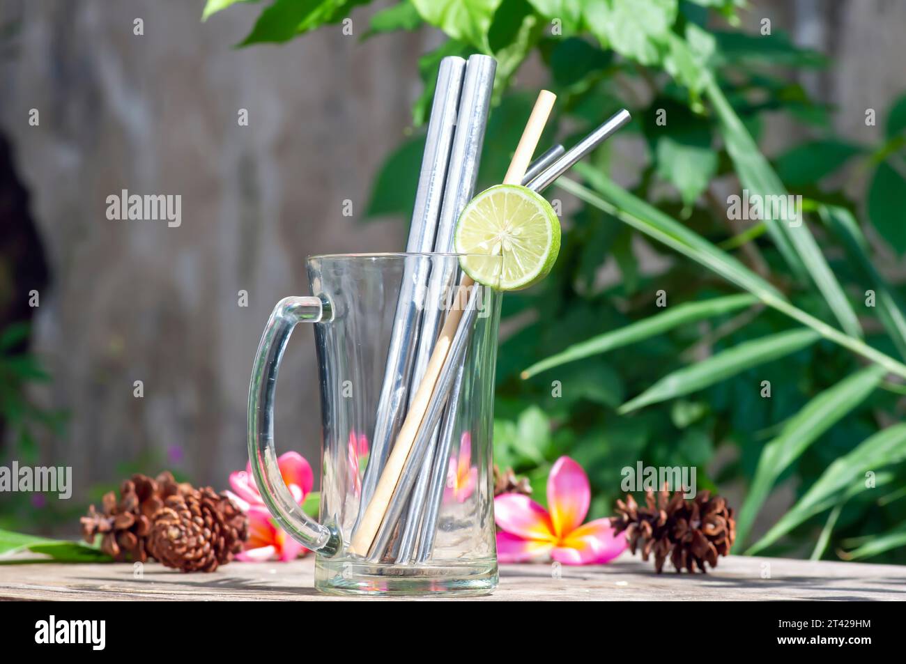 Bamboo and steel straws, an alternative to reducing plastic straws. The concept of reducing non-degradable plastic waste. Stock Photo