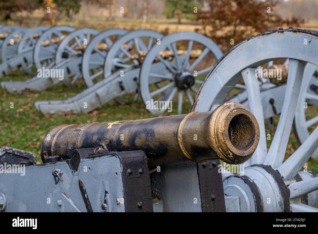 Valley PA USA 27th, Oct. 2023 Replica cannons in Artillery Park with beautiful fall