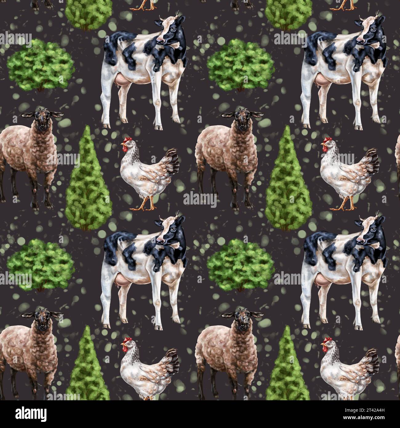 Seamless pattern of their farm sheep and cows. Simple rural life on pasture, farm animals, nature and plants. Provincial style. Domestic herd on the r Stock Photo