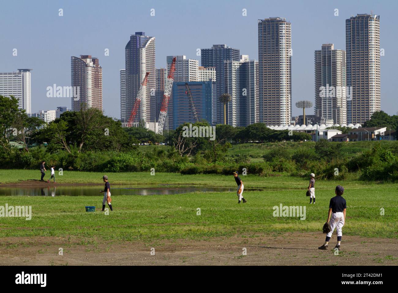 Children play baseball on a flooded field next to the Tama River with the tall buildings of Musashi Kosugi behind. Tokyo, Japan, Stock Photo