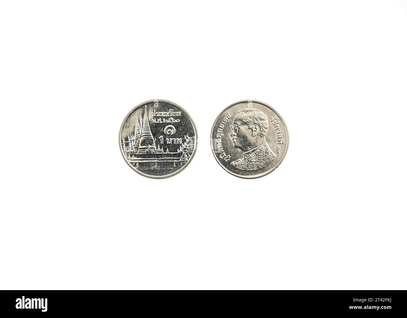 Front and rear of a Thai coin from 1 Bath on a transparent surface Stock Photo