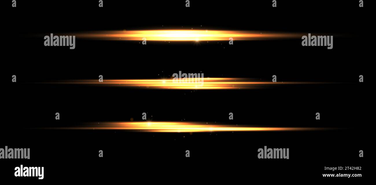 Gold neon divider lines set. Yellow glowing horizontal stripes collection. Fluorescent golden