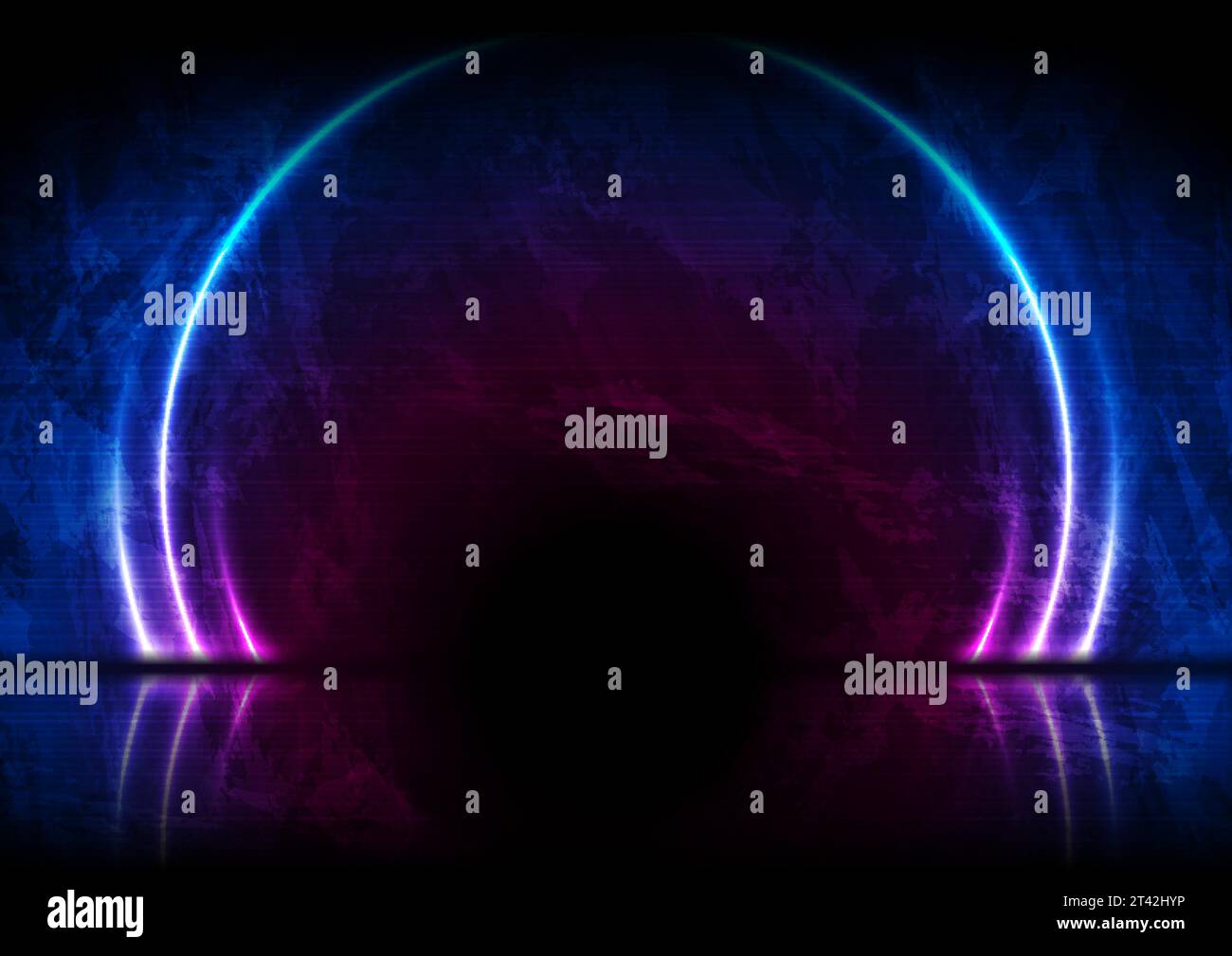 Blue and purple neon laser circles with reflection. Abstract technology ...