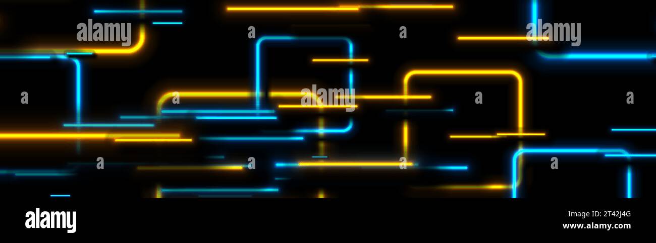 Blue orange glowing neon laser lines and squares abstract background ...
