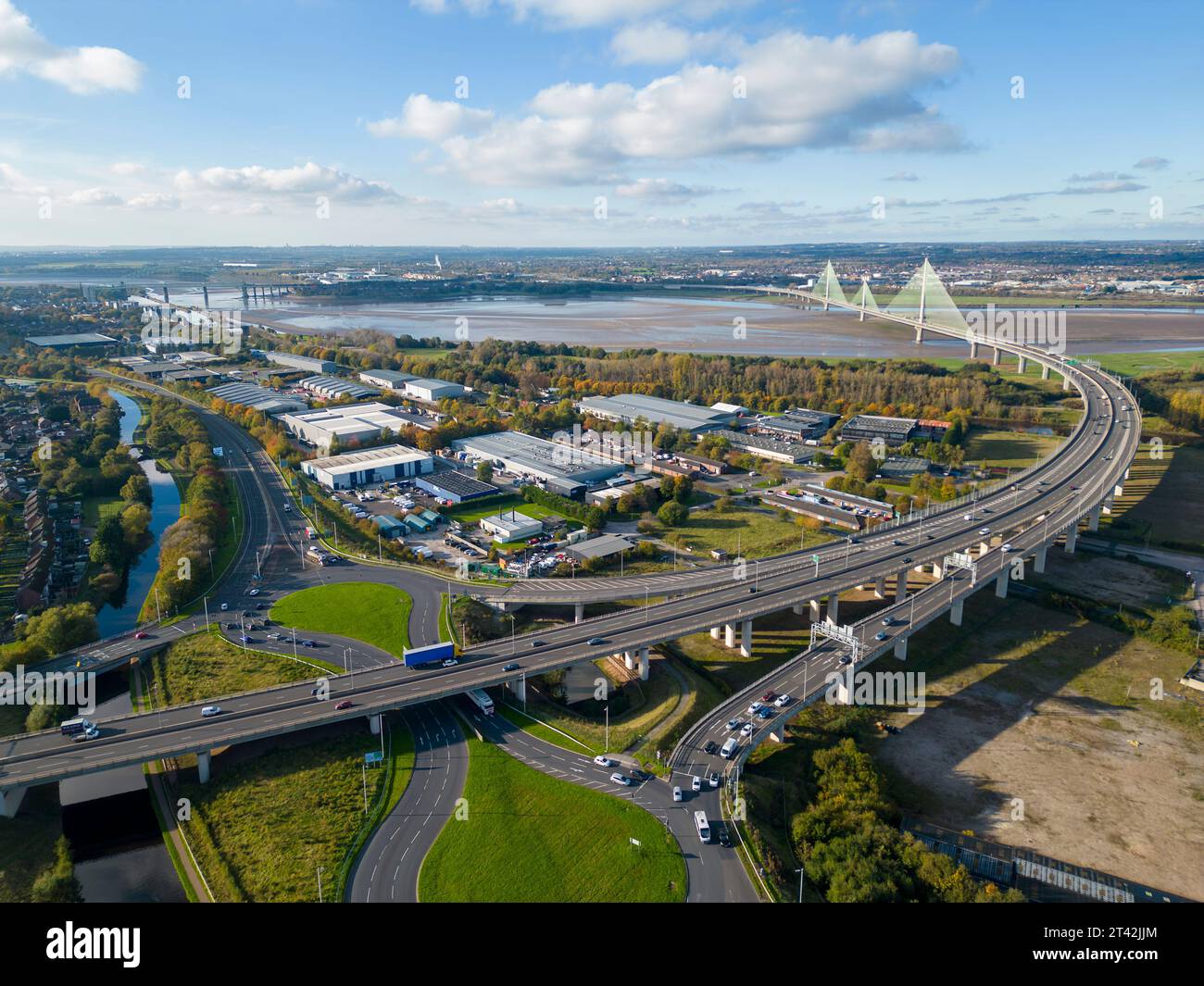 Aerial of traffic crosses The Mersey Gateway Bridge, Runcorn, Cheshire, England Stock Photo