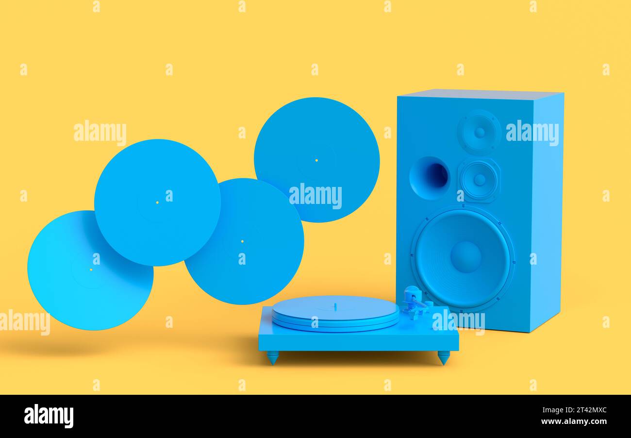 Set of Hifi speakers with loudspeakers and DJ turntable on monochrome