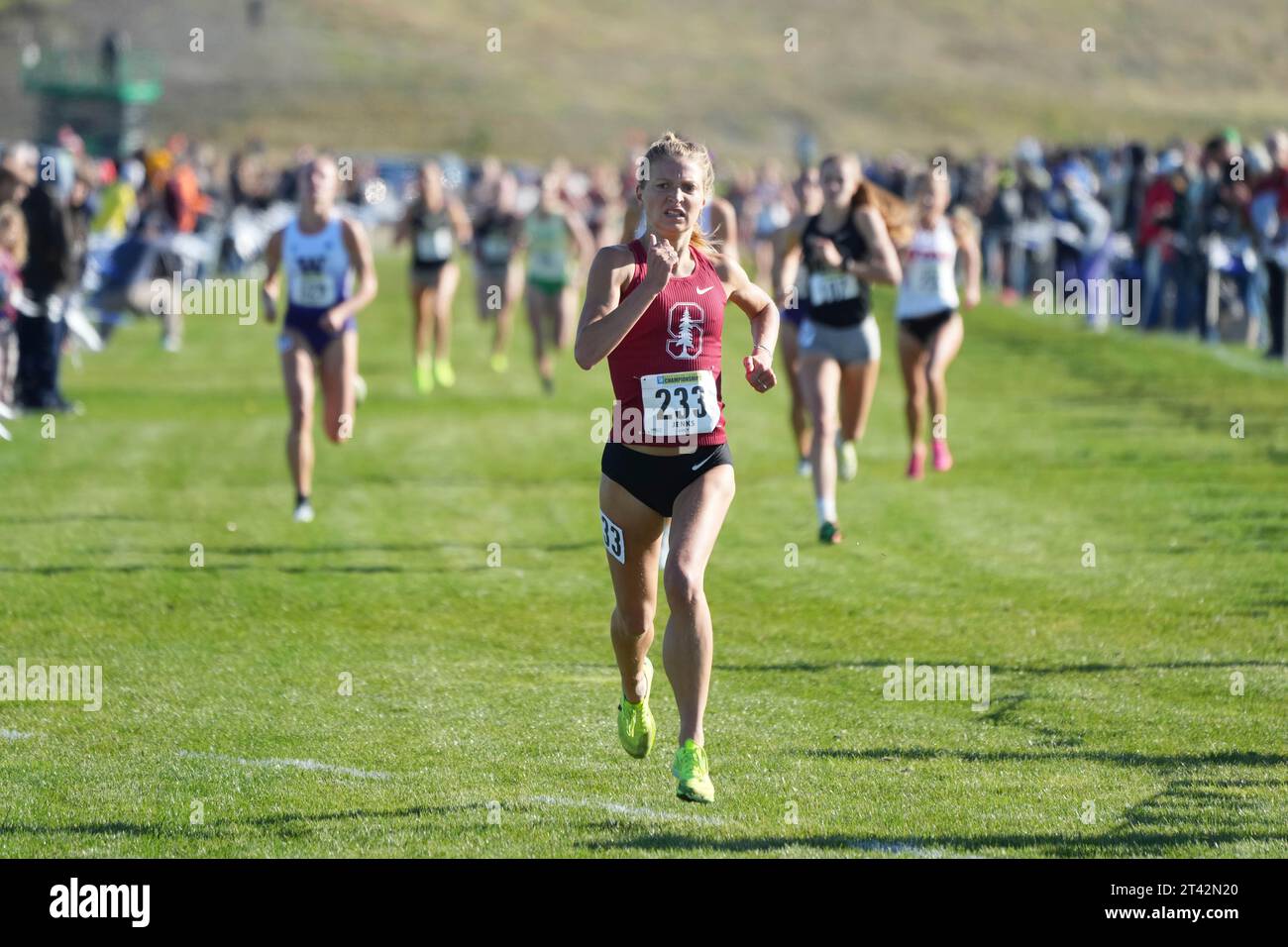 Amy Bunnage of Stanford wins the women's race in 1909.70 during the