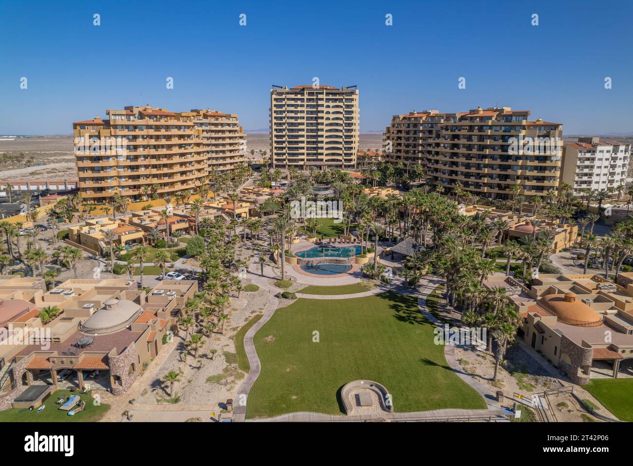 An aerial view of the hotels on the beach on a sunny day in Puerto Penasco, Sonora, Mexico. Stock Photo