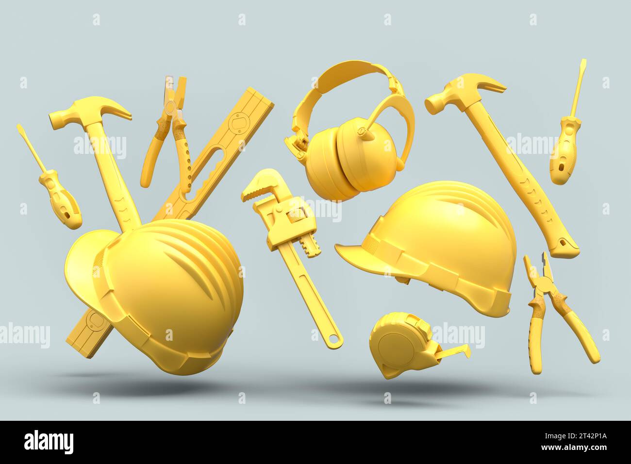 Flying view of monochrome construction tools for repair and ...