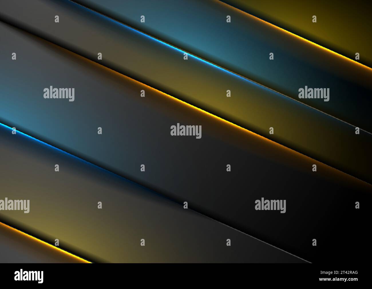 Abstract black background with orange blue neon glowing stripes. Vector technology design Stock Vector