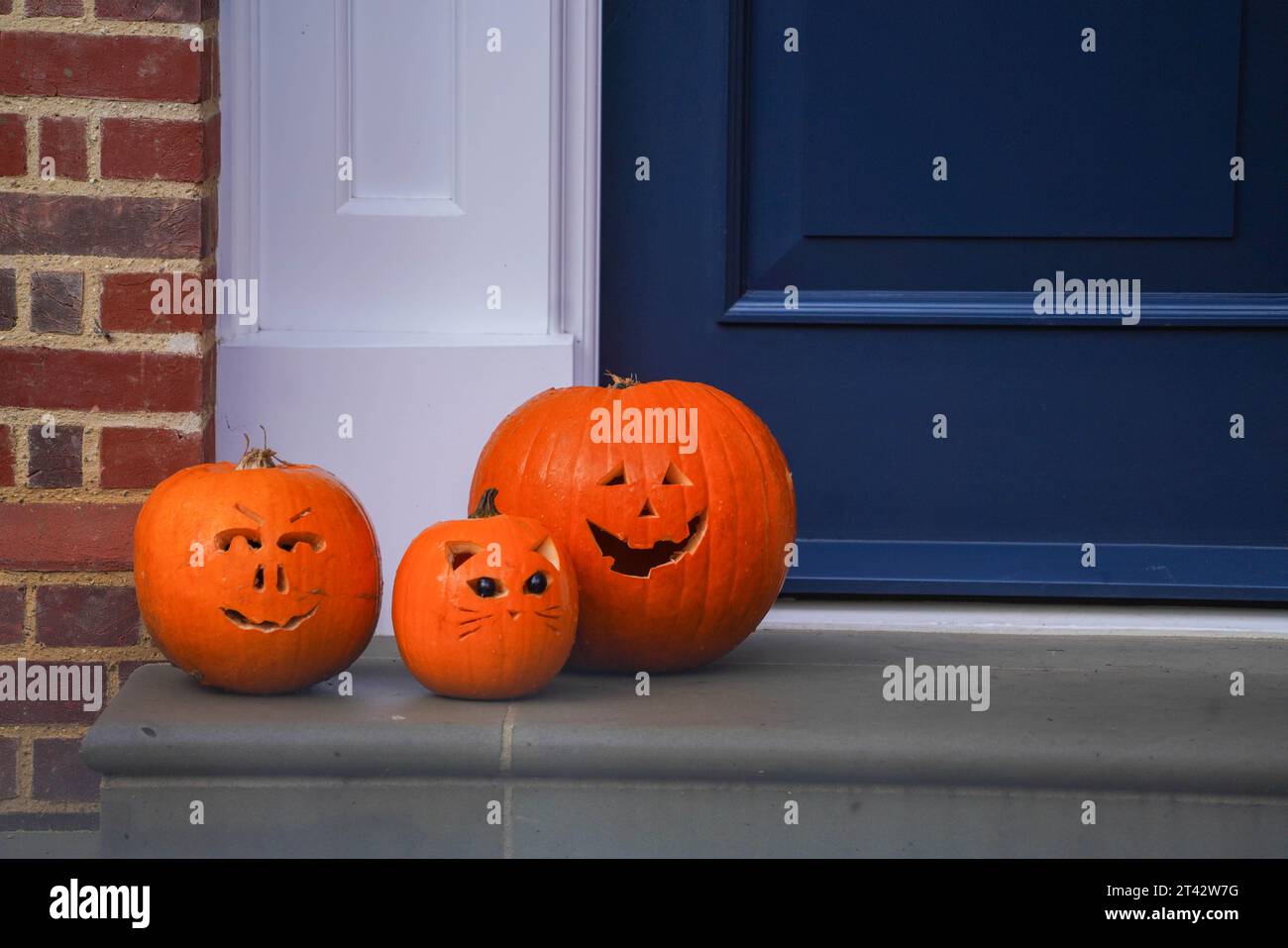 Halloween display of carved pumpkins outside a house in south London ...