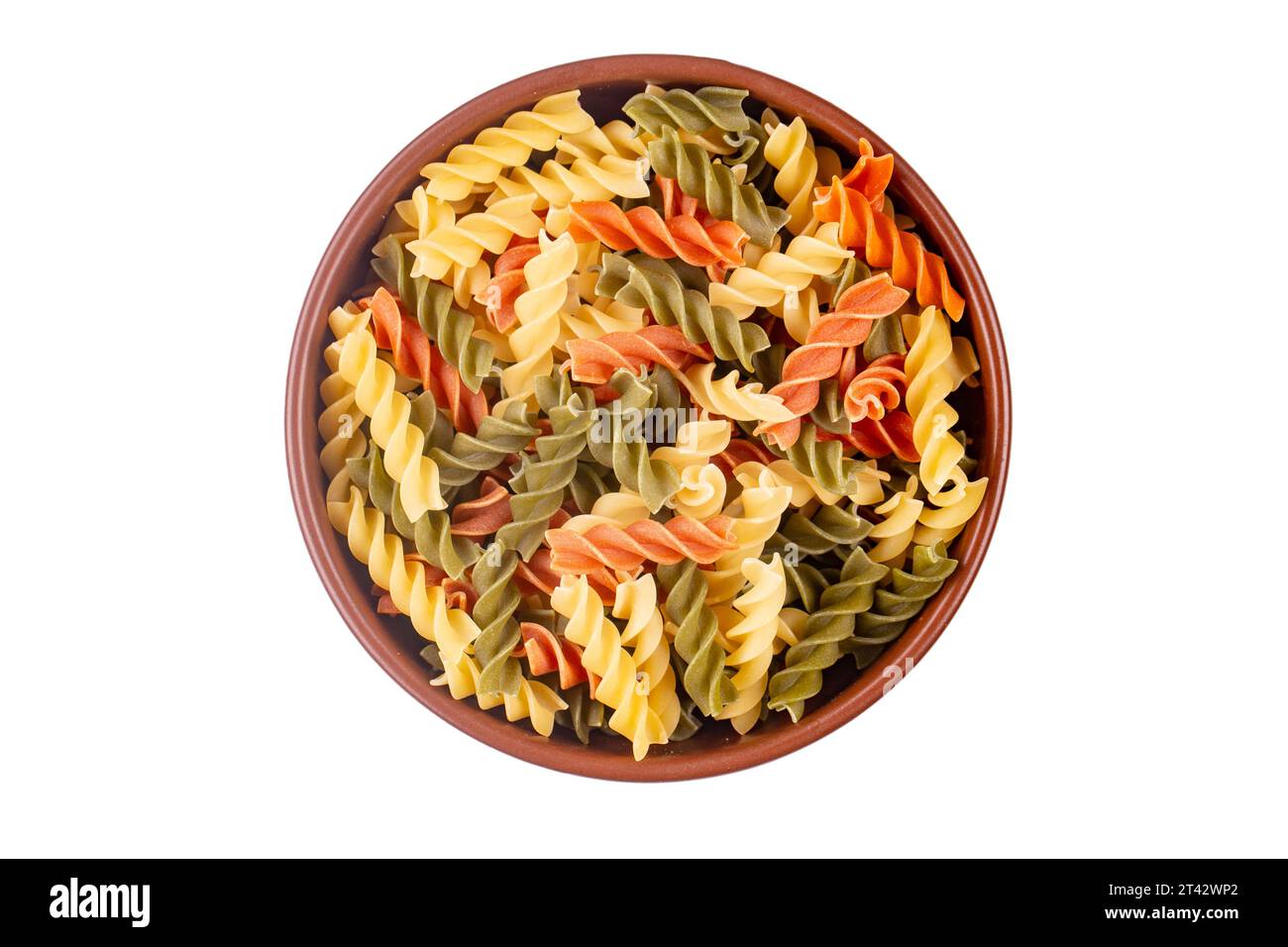Raw tricolor fusilli or rotini pasta (traditional, tomato and spinach