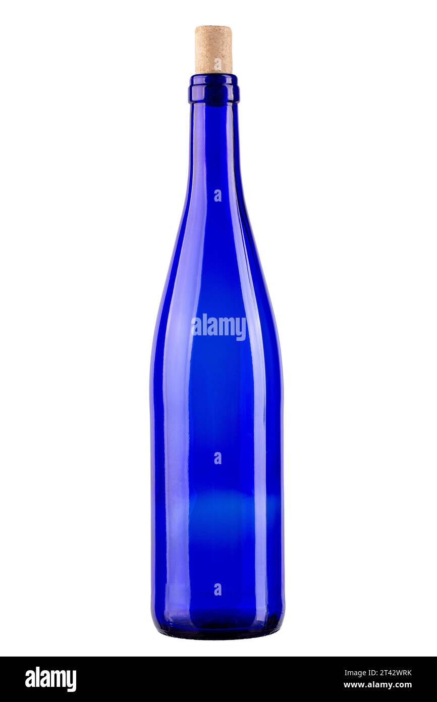 Empty blue wine bottle with cork. Vertically standing wine bottle. File contains clipping path. Full depth of field. Stock Photo