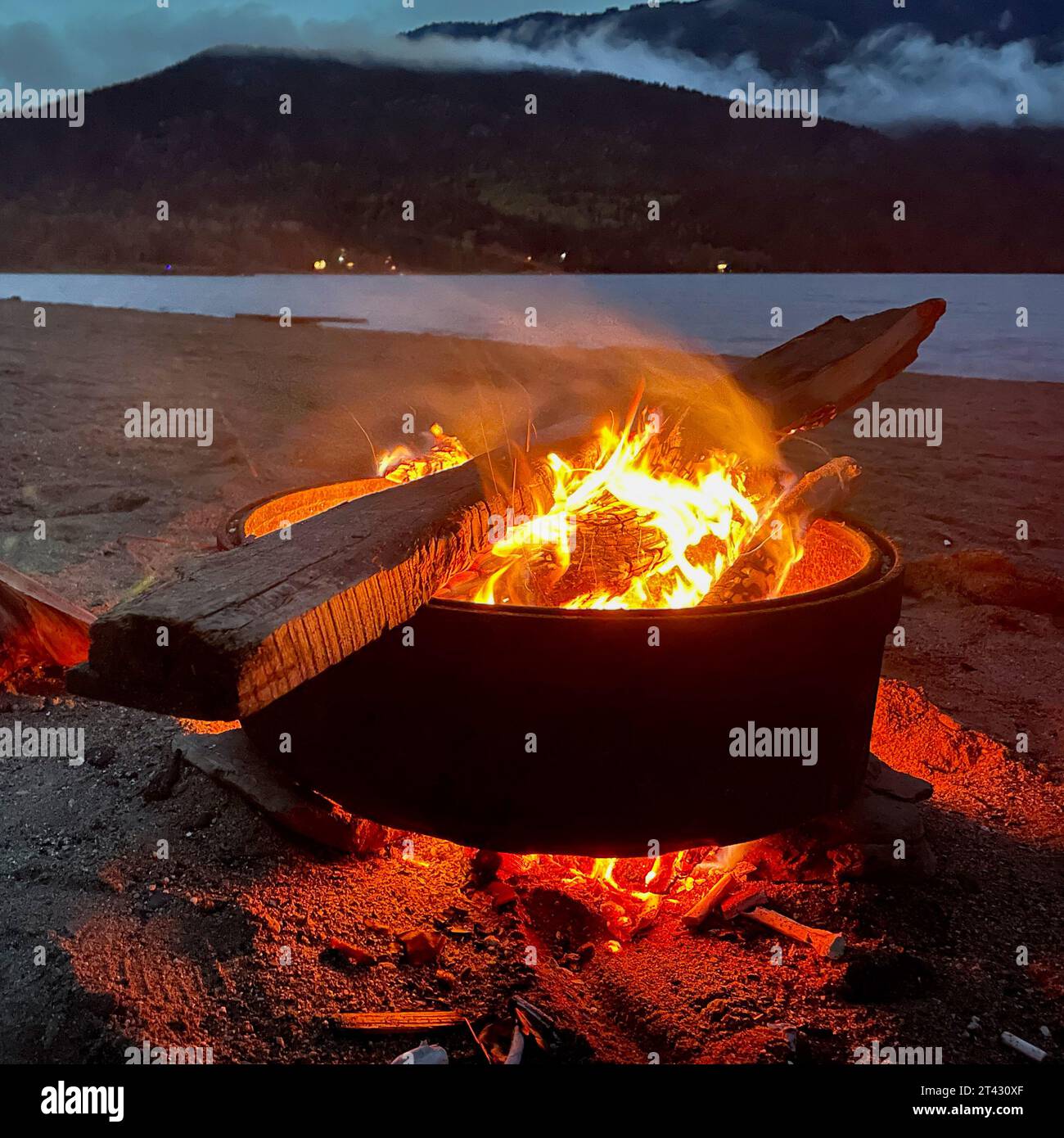 Close-up of a camp Fire by Trout Lake, West Kootenay, British Columbia, Canada Stock Photo