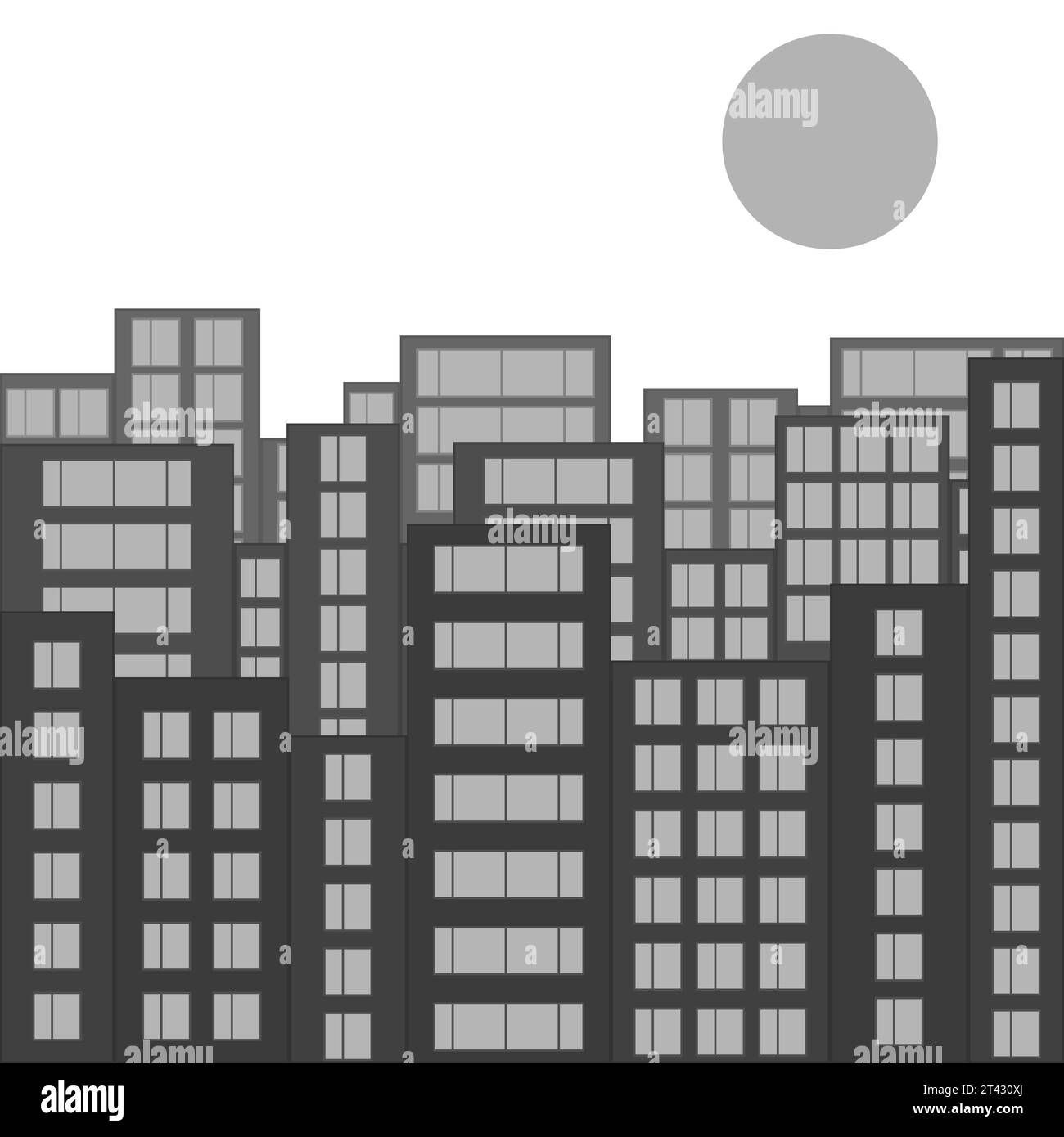 Modern city skyline. Gray cityscape with silhouettes of houses and windows. Morning or daytime with the sun on the horizon. Vector illustration. Stock Vector