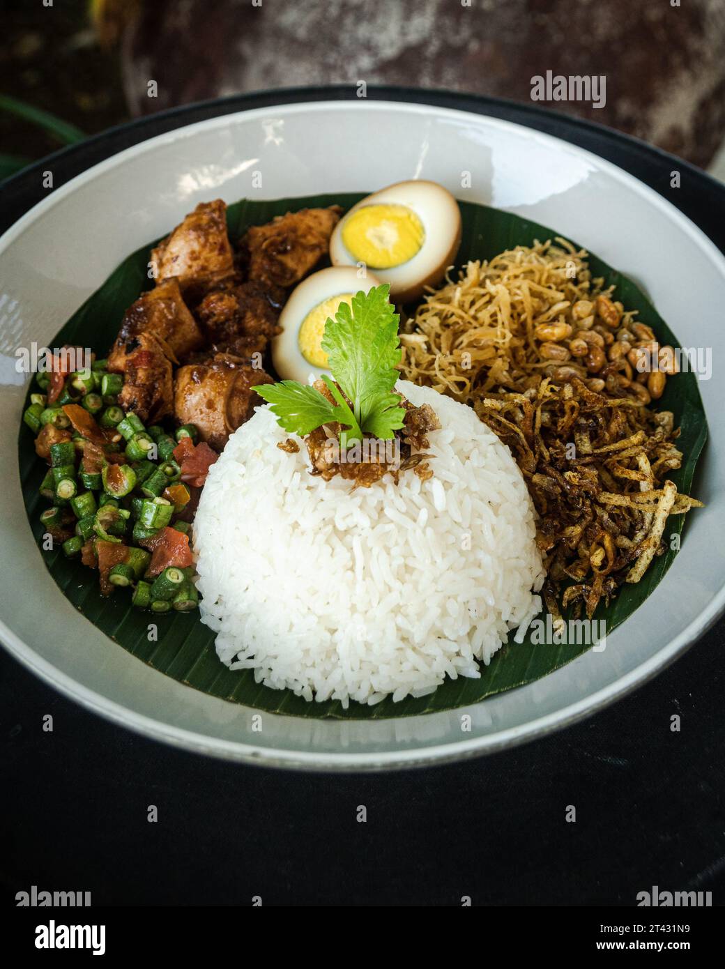 Close-up of a traditional breakfast of rice, egg, shoestring fries and chicken (Nasi Balap Puyung), Lombok, Indonesia Stock Photo