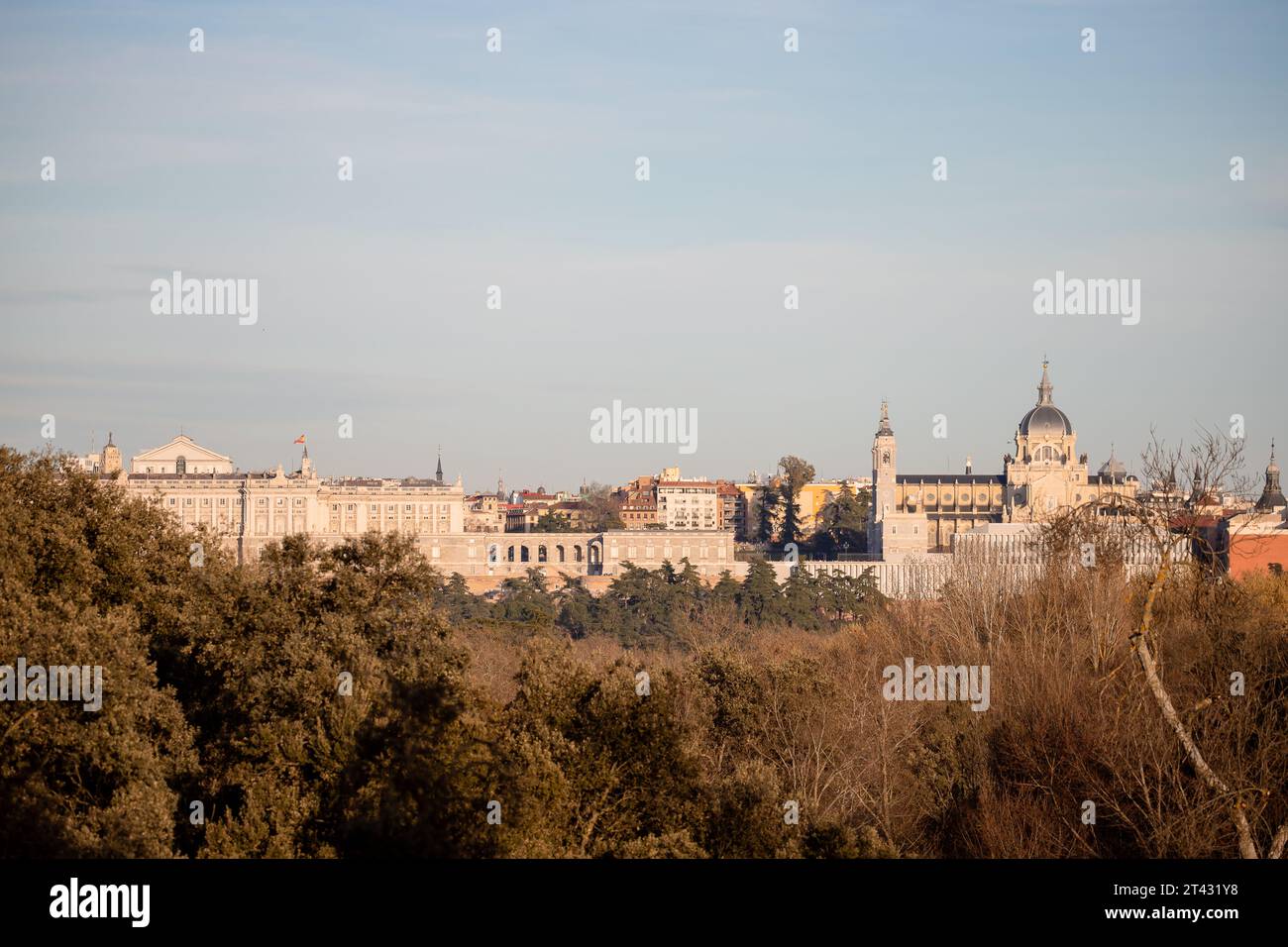Skyline of Casa de Campo Lake in Madrid, Spain at winter. Almudena