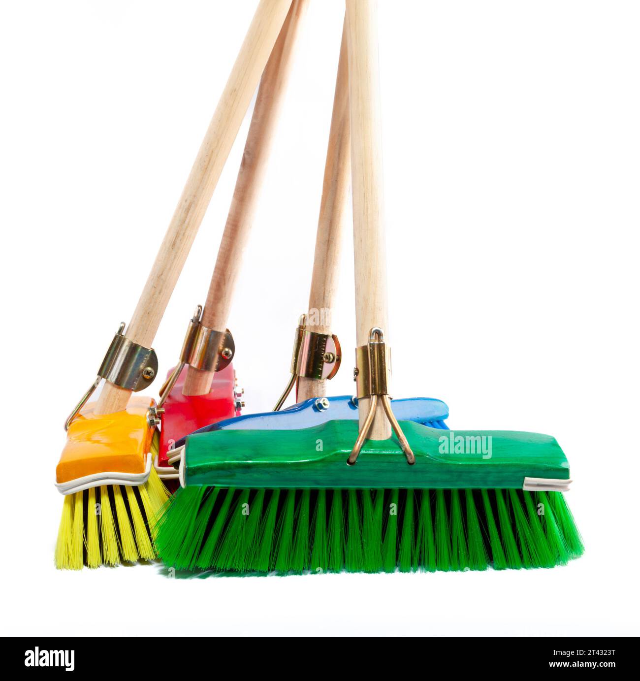 set of classic brooms brush with wooden handle various colors, design