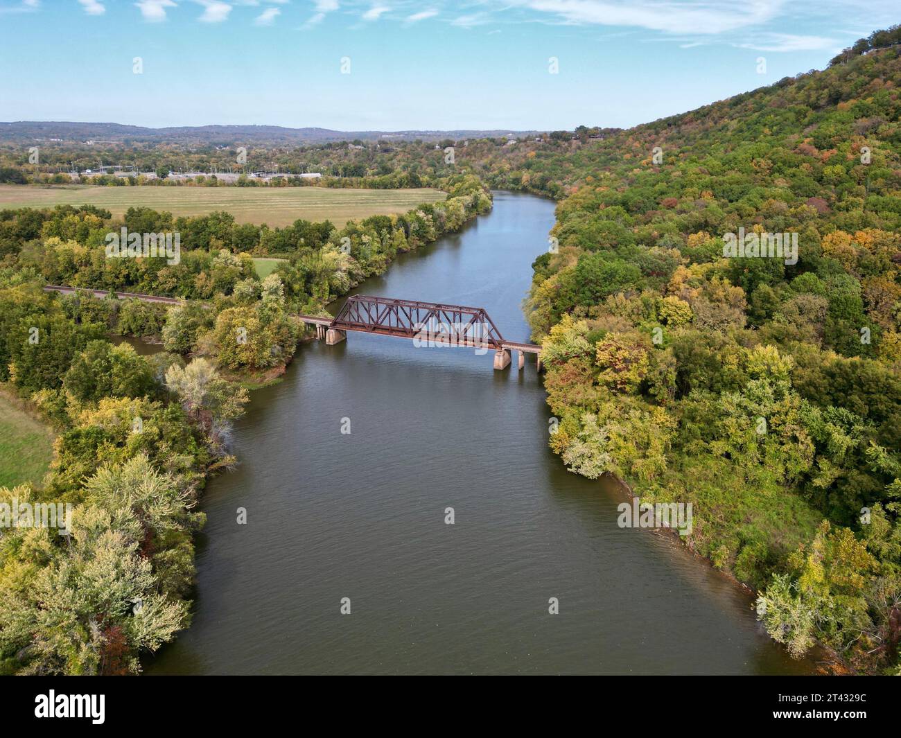 Aerial view of railroad bridge crossing Lee Creek in Van Buren