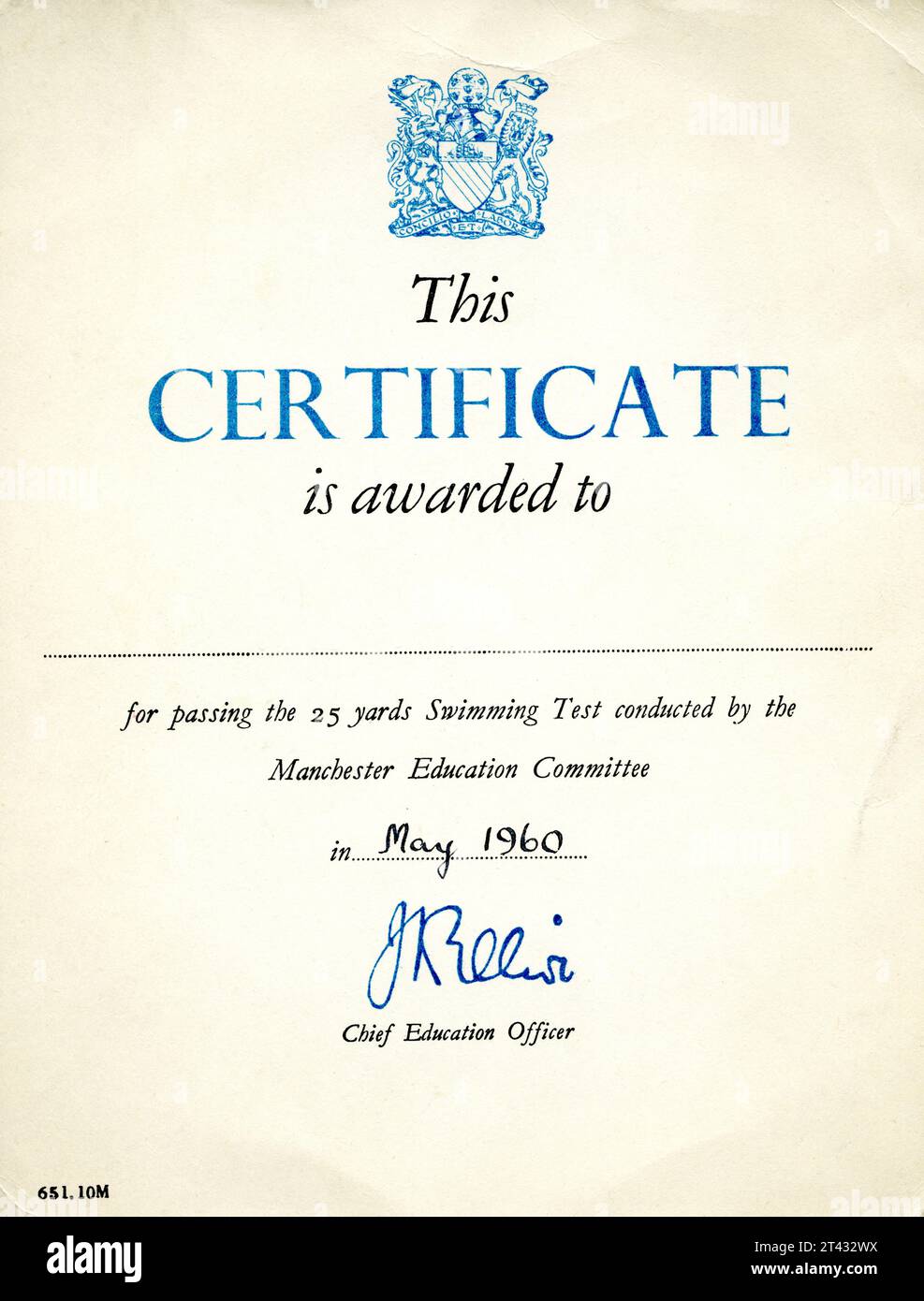 Swimming certificate issued by Manchester Education Committee in May 1960.  Issued for passing the 25 yard swimming test.  Manchester UK. Stock Photo