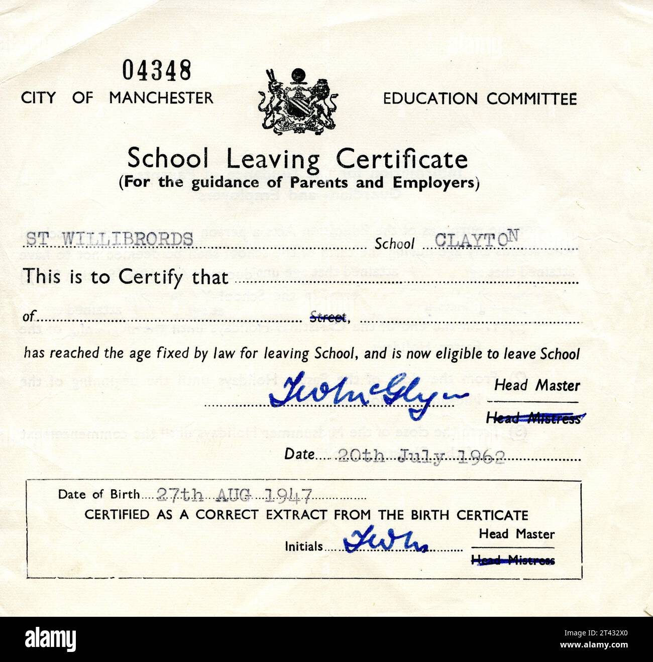 School leaving certificate issued by Manchester Education Committee dating from July 1962.  Manchester UK. Stock Photo