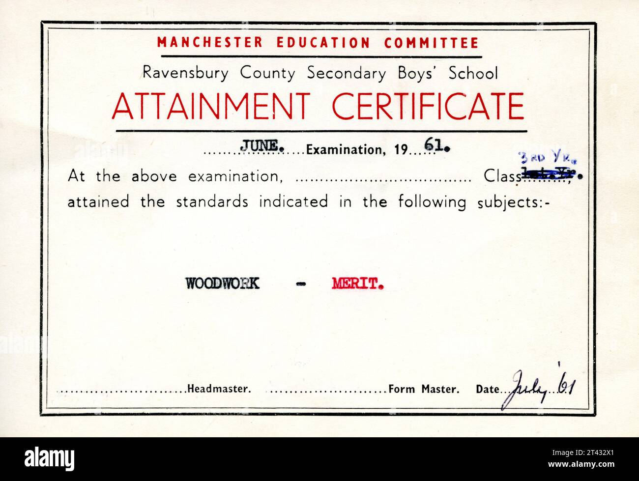 School Attainment Certificate for woodwork, issued by Manchester Education Committee dating from July 1961.  Manchester UK. Stock Photo