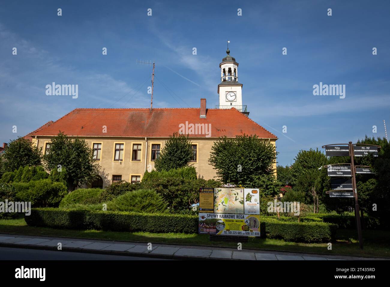 Trzebiatow, Poland - September 18, 2023: Townhall building in historical city center market square. Stock Photo