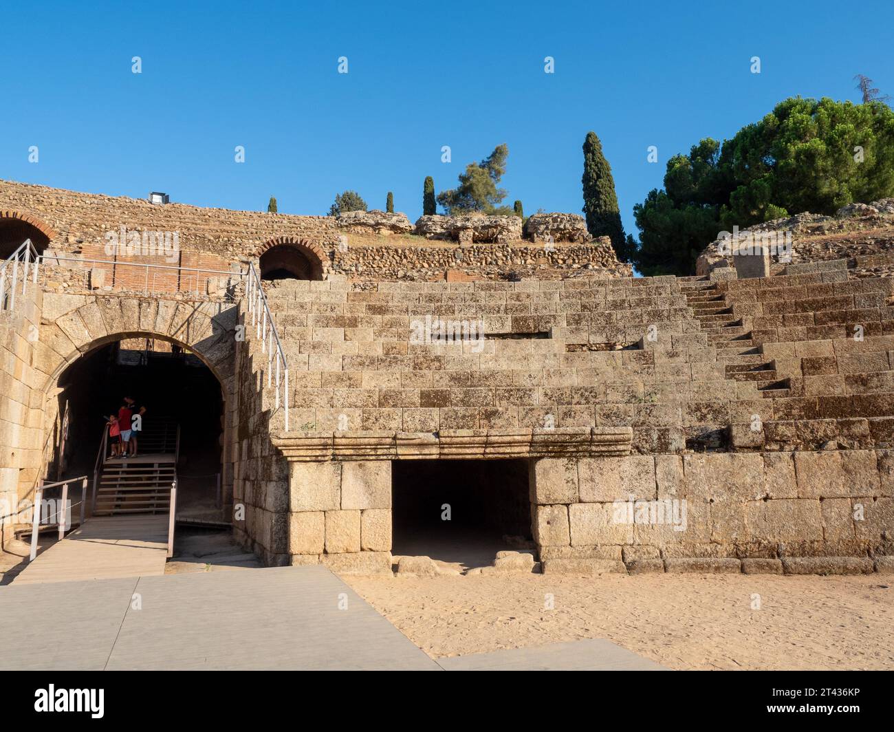 Roman Amphitheater of Merida, in Merida, Spain, on a sunny day. Travel and tourism concept. Stock Photo