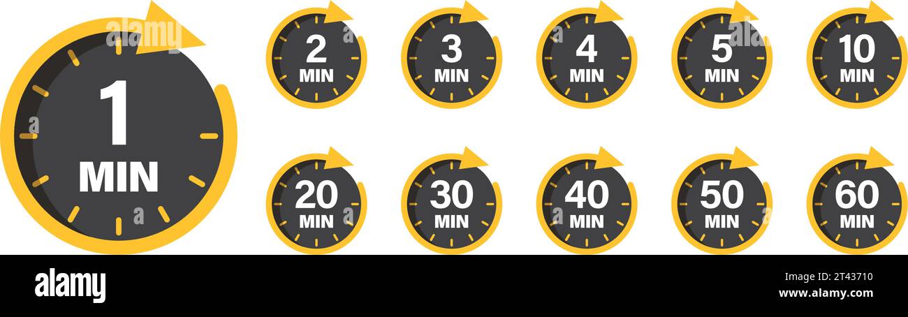 From 1 minite to 60 minutes on stopwatch icon in flat style. Clock face timer vector illustration on isolated background. Countdown sign business conc Stock Vector