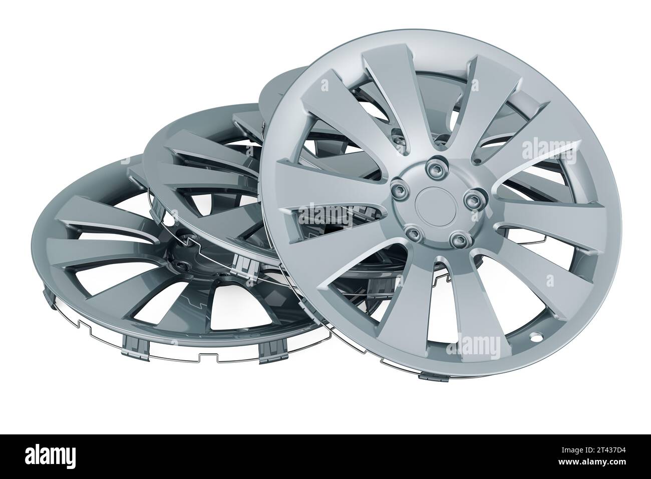 Metallic Silver Hubcaps, Wheel Covers. 3D rendering isolated on white