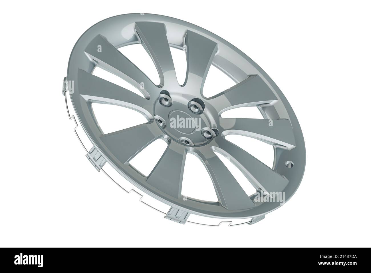 Wheel Cover, Metallic Silver Hubcap, 3D rendering isolated on white background Stock Photo