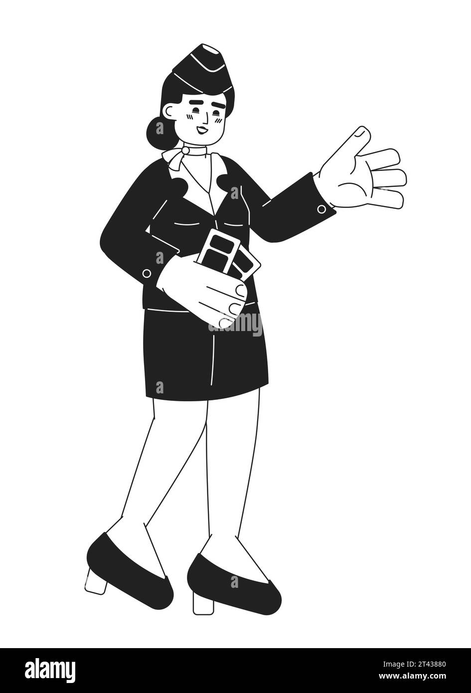 Stewardess flight attendant black and white cartoon flat illustration Stock Vector