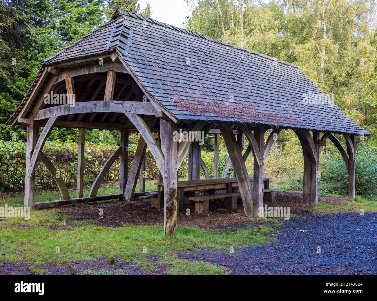 Wooden Beamed Barn, Harcourt Arboretum, University of Oxford, Oxfordshire, England, UK, GB. Stock Photo