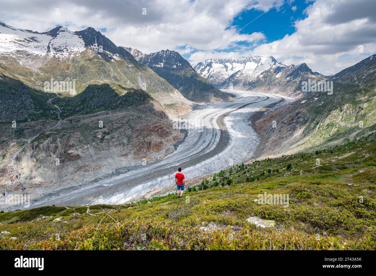 A man looking at the Aletsch glacier in Switzerland Stock Photo