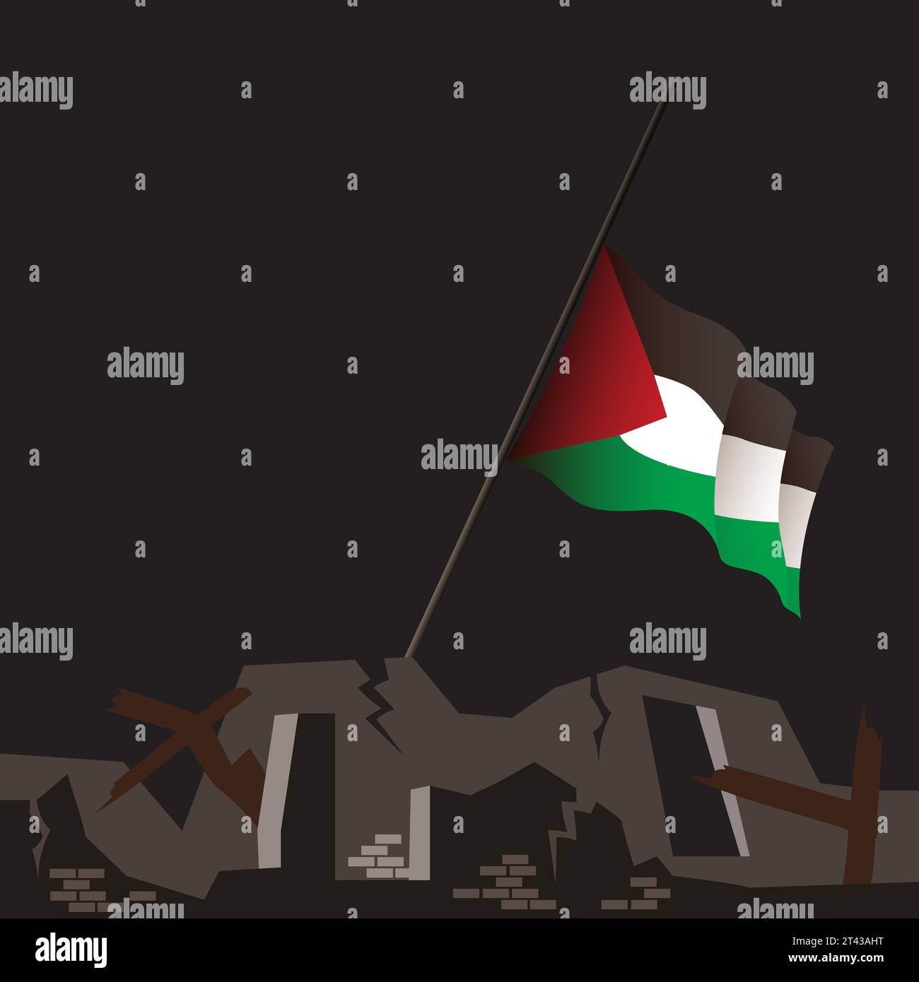 Illustration catastrophic devastating war in Palestine. Disaster in Gaza Strip 2023 Israel war. Waving Palestine flag lowered to half. Ruined city Stock Photo