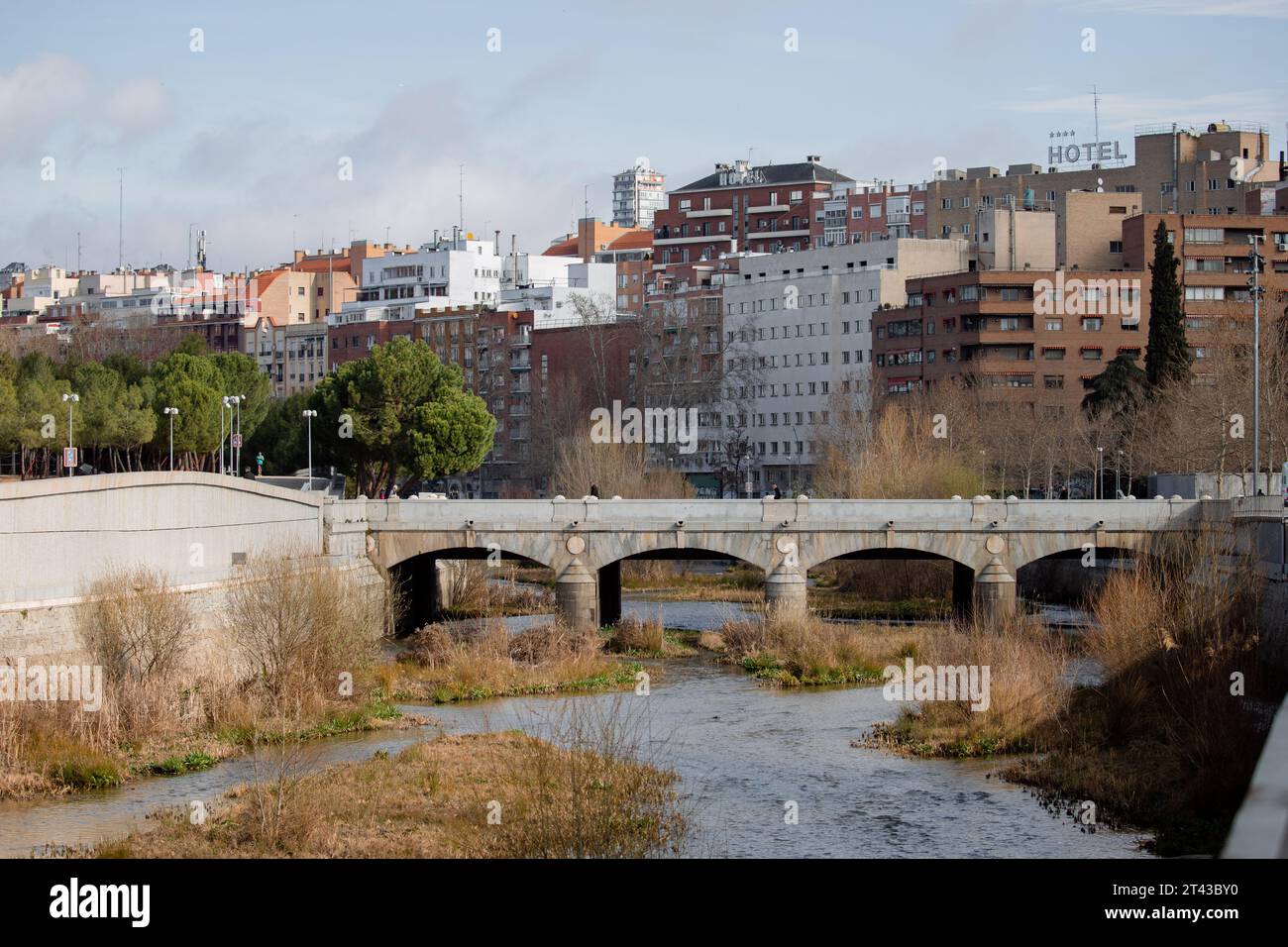 Madrid, Spain 11th March 2023. Historical King's Bridge in the park Madrid Rio, after the renaturation of the Manzanares River in Madrid. Stock Photo