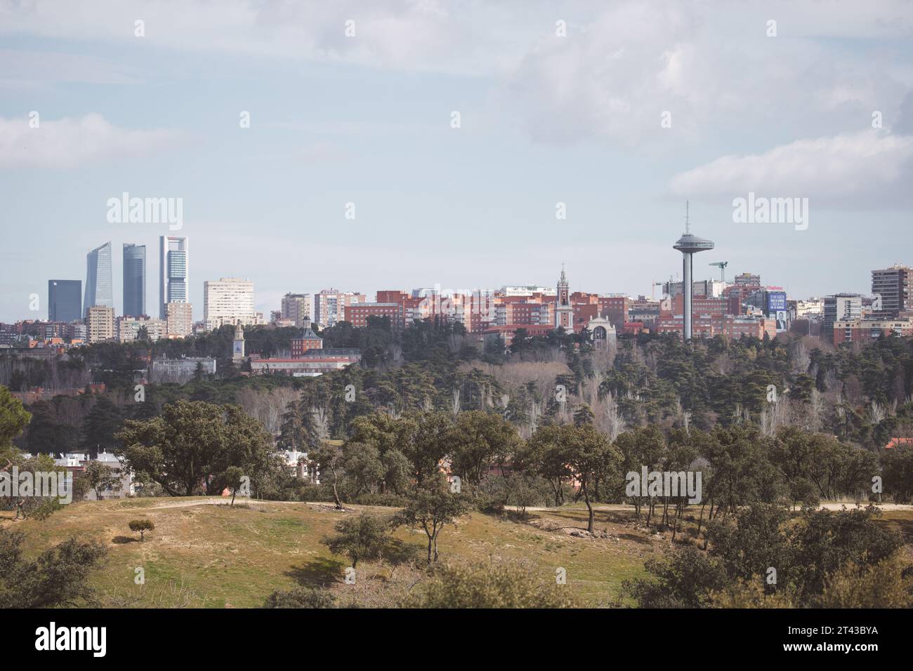 Madrid, Spain 11th March 2023. View of four Towers Business Area (Cuatro Torres) and Moncloa lighthouse in Madrid Stock Photo