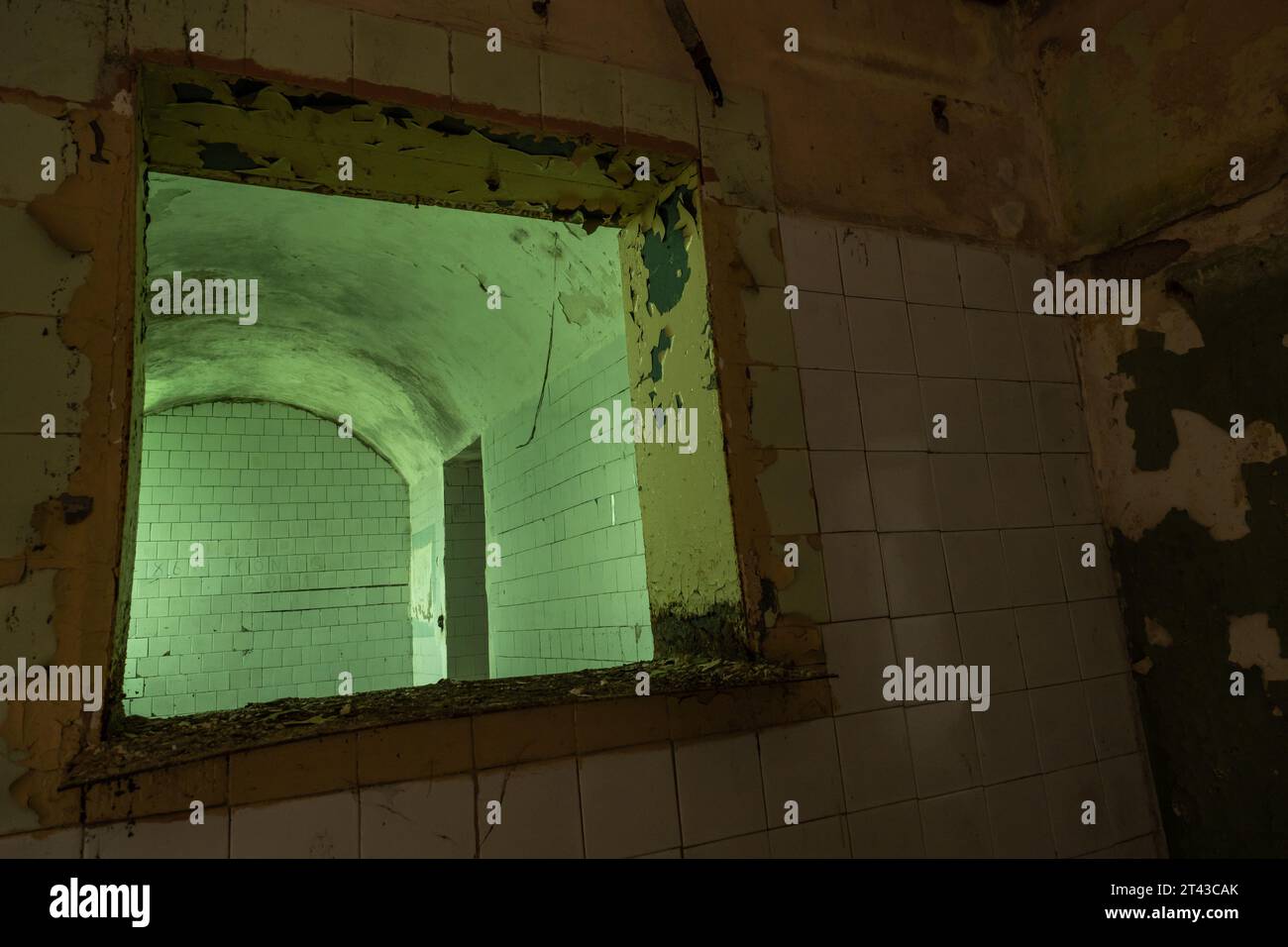 Interior of abandoned empty gloomy shabby building window with broken ...