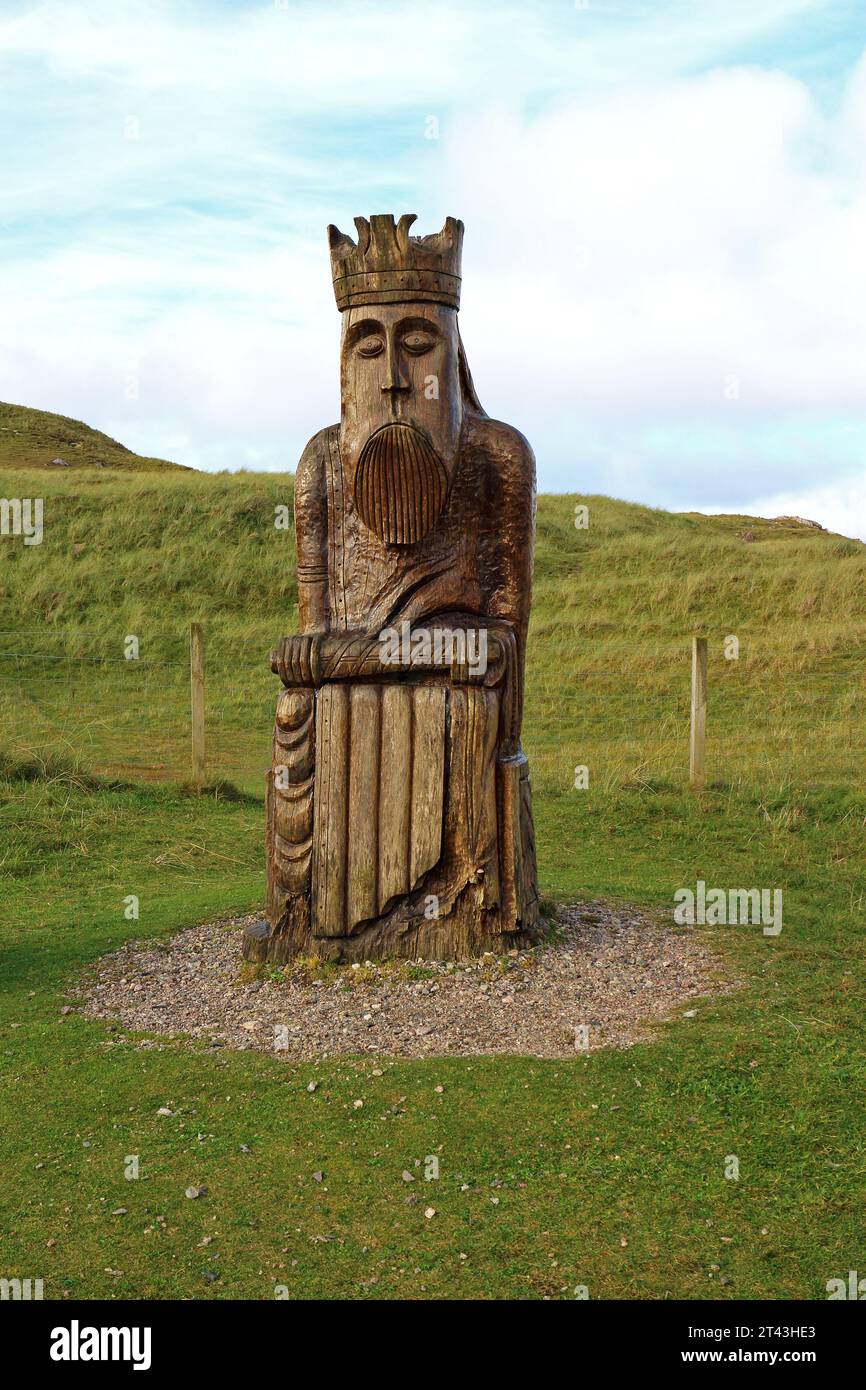A wooden replica sculpture of one of the Uig Chessmen discovered near Ardroil, Isle of Lewis, Outer Hebrides, Scotland, United Kingdom. Stock Photo