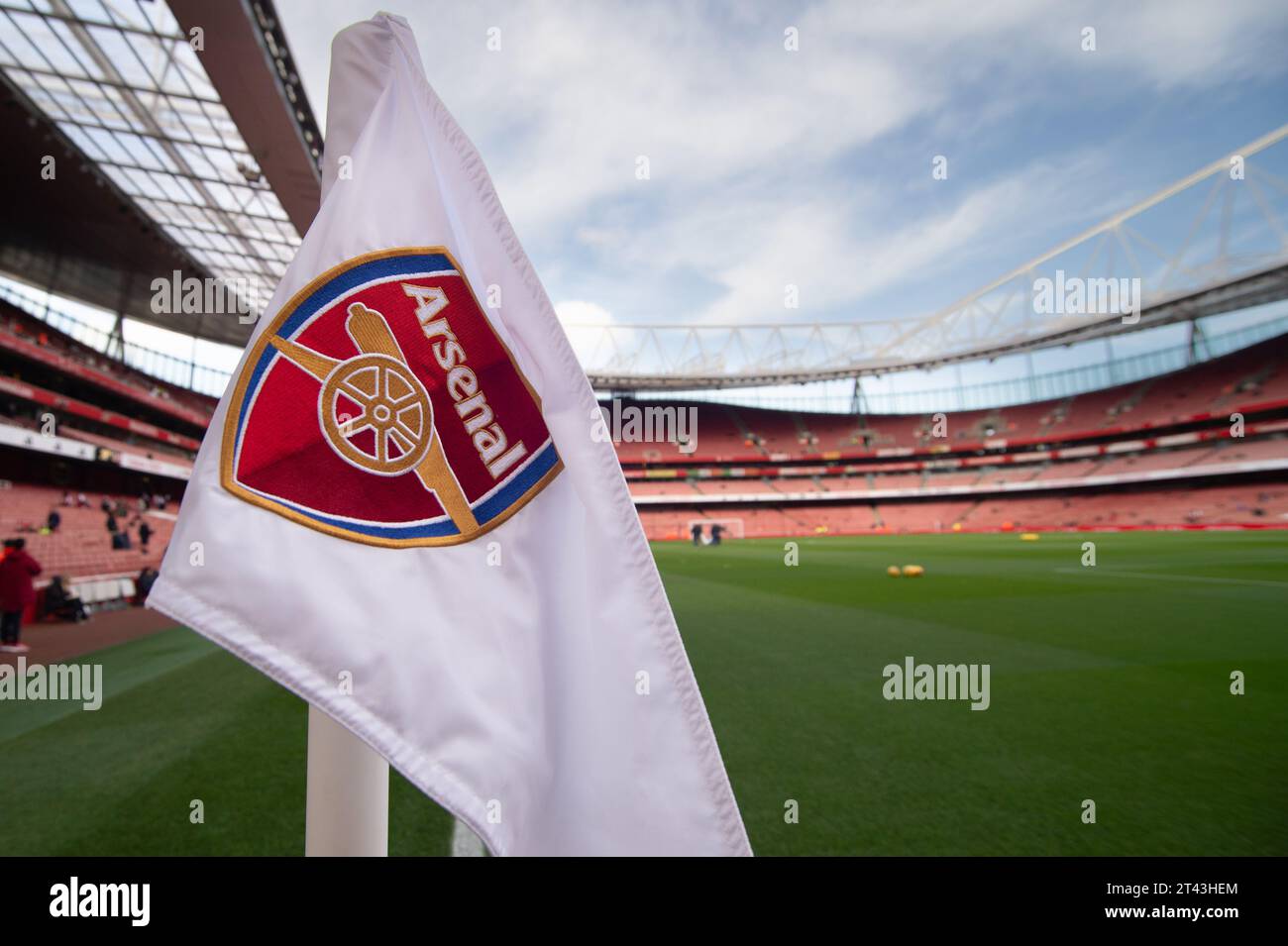 28th October 2023; Emirates Stadium, London, England; Premier League Football, Arsenal versus Sheffield United; Corner flag featuring the Arsenal Crest Stock Photo