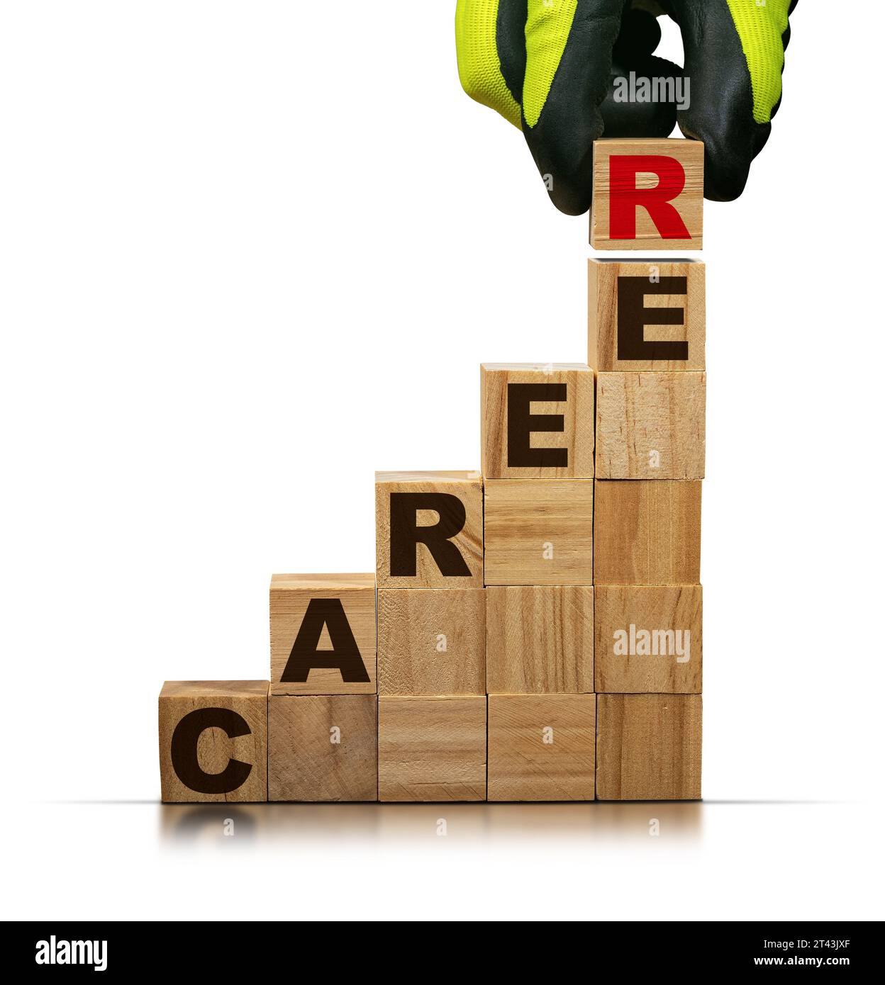 Gloved hand arranging wood blocks with text Career, isolated on white ...