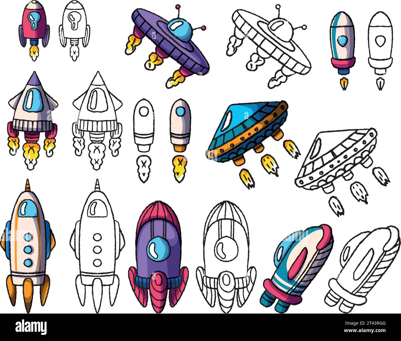 Set of space transport coloring book, game for children, education, vector educational graphics. For book illustration Stock Vector