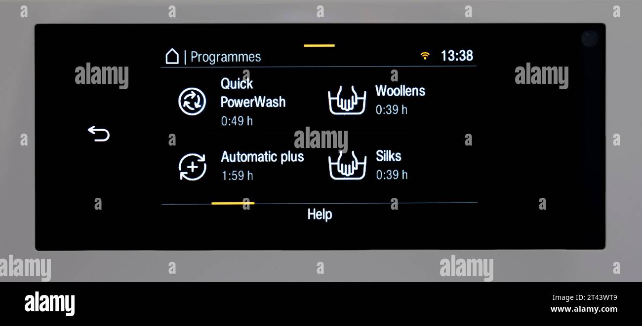 Washing cycle selections on a Miele washing machine. Stock Photo