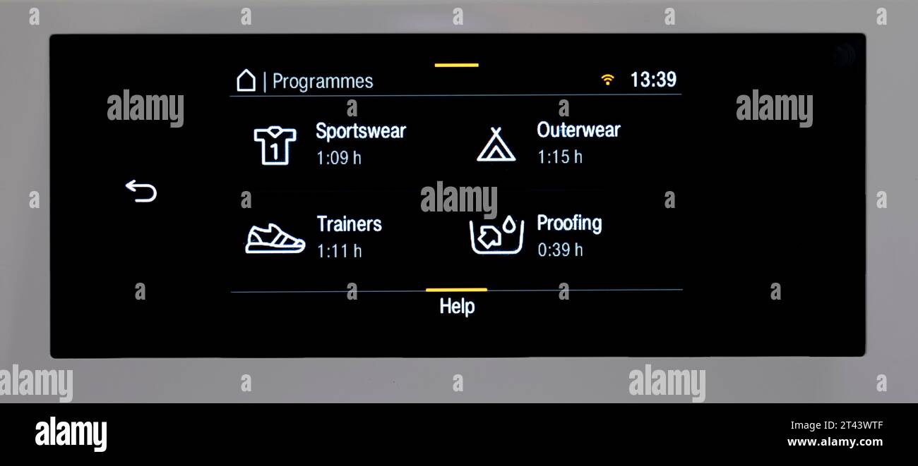 Washing cycle selections on a Miele washing machine. Stock Photo