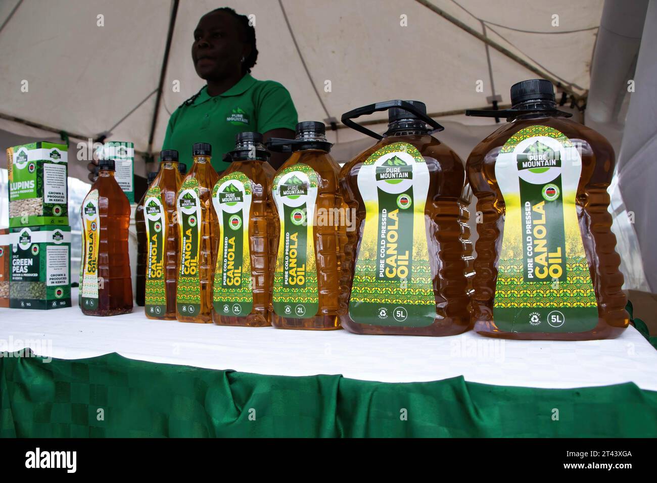 Nakuru, Kenya. 27th Oct, 2023. An exhibitor stands behind her stand